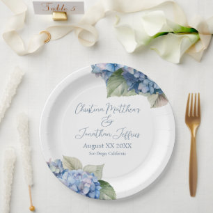 Assiettes En Carton Fleurs d'hortensia à l'aquarelle bleue romantique