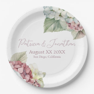 Assiettes En Carton Fleurs d'hortensia à l'aquarelle rose et blanc