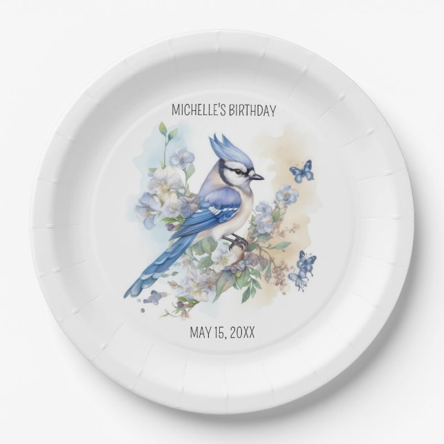 Assiettes En Carton Fleurs d'oiseaux de Jay bleu printemps Anniversair (Devant)