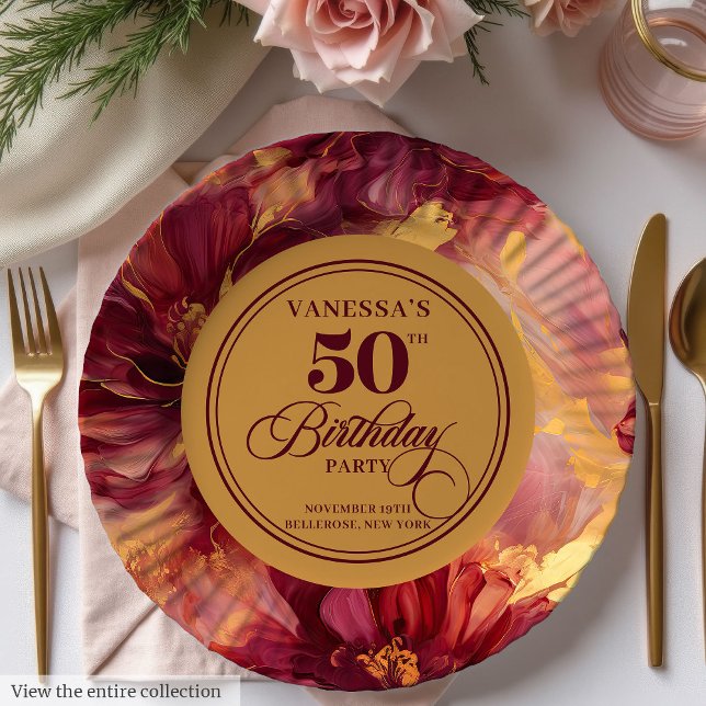 Assiettes En Carton Fleurs d'or blush Burgundy classique 50e anniversa (Classic Burgundy Blush Gold Flowers 50th Birthday Paper Plates)