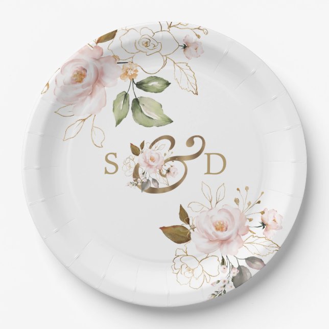 Assiettes En Carton Fleurs d'or Blush Whimsical Monogram Mariage (Devant)