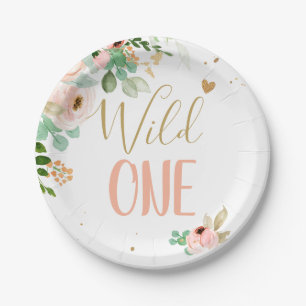 Assiettes En Carton Fleurs d'or roses d'un premier anniversaire sauvag