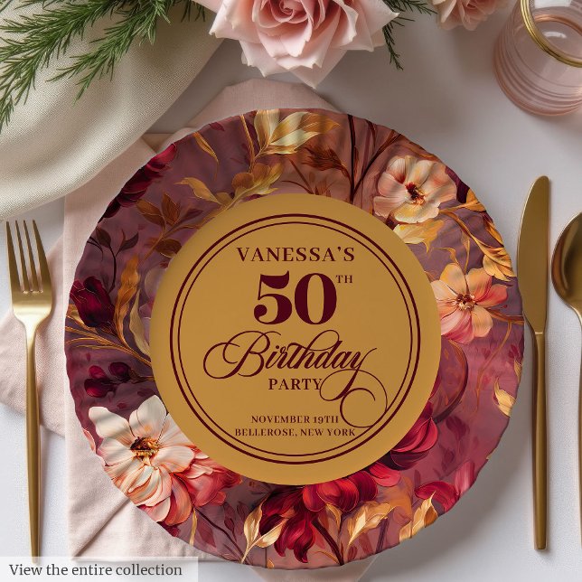 Assiettes En Carton Fleurs d'or rousse Merlot rustique 50e anniversair (Rustic Merlot Blush Gold Flowers 50th Birthday Paper Plates )