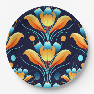 Assiettes En Carton Fleurs d'orange bleu Art déco