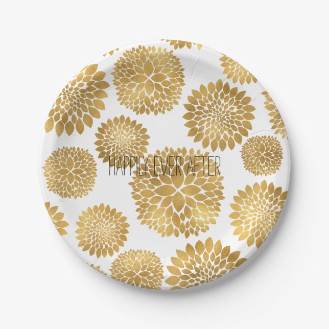 Assiettes En Carton Fleurs dorées chic pour anniversaire (Devant)