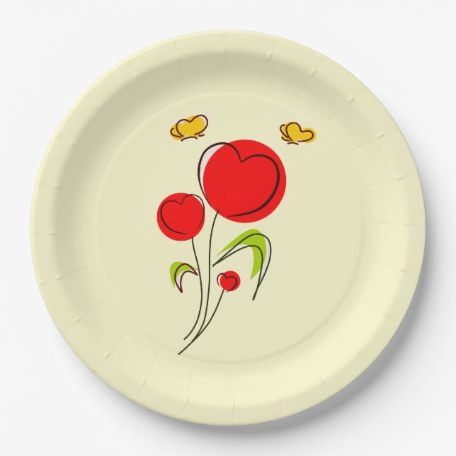 Assiettes En Carton Fleurs du Coeur Rouge mignonnes et papillons jaune (Devant)