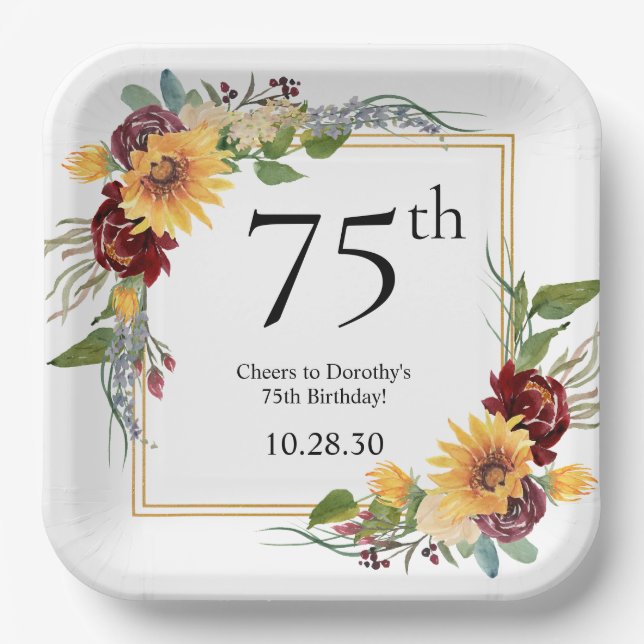 Assiettes En Carton Fleurs du soleil pour 75e anniversaire (Recto)