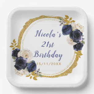 Assiettes En Carton Fleurs élégantes bleu marine et or fête d'annivers