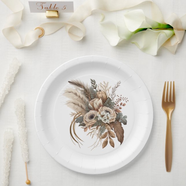 Assiettes En Carton Fleurs Élégantes Feuillage et plumes (Mariage)