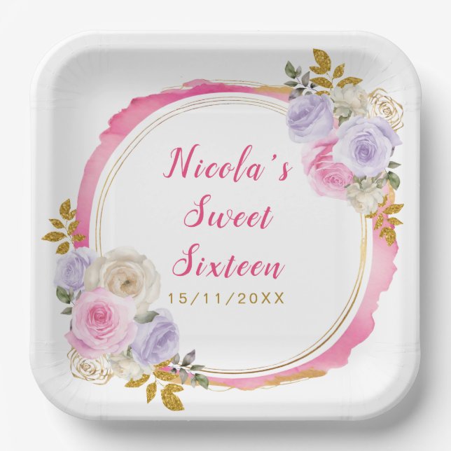 Assiettes En Carton Fleurs élégantes rose et violet Sweet sixteen (Recto)
