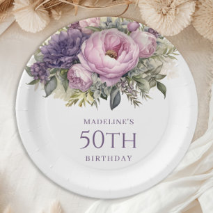 Assiettes En Carton Fleurs élégantes rose violet 50e anniversaire