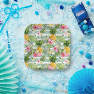 Assiettes En Carton Fleurs et ananas Turquoises rayures