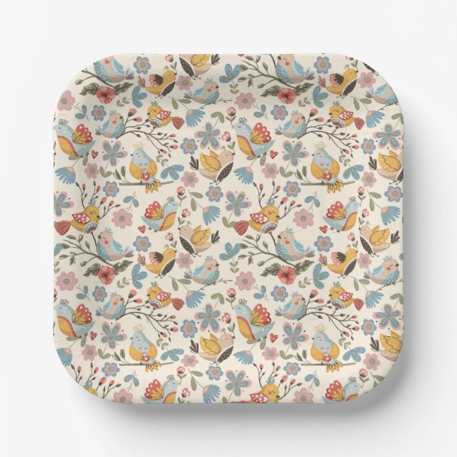 Assiettes En Carton Fleurs et oiseaux de style boho (Recto)