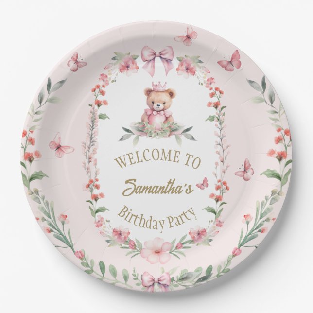 Assiettes En Carton Fleurs et ours Plaque d'anniversaire (Devant)