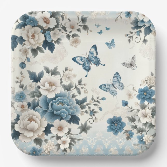Assiettes En Carton Fleurs et papillons Chinoiserie (Recto)