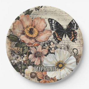Assiettes En Carton Fleurs et papillons rustiques - Papier vieilli (14