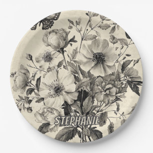 Assiettes En Carton Fleurs et papillons rustiques - Papier vieilli (8)