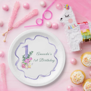 Assiettes En Carton Fleurs et ruban Fête du premier anniversaire