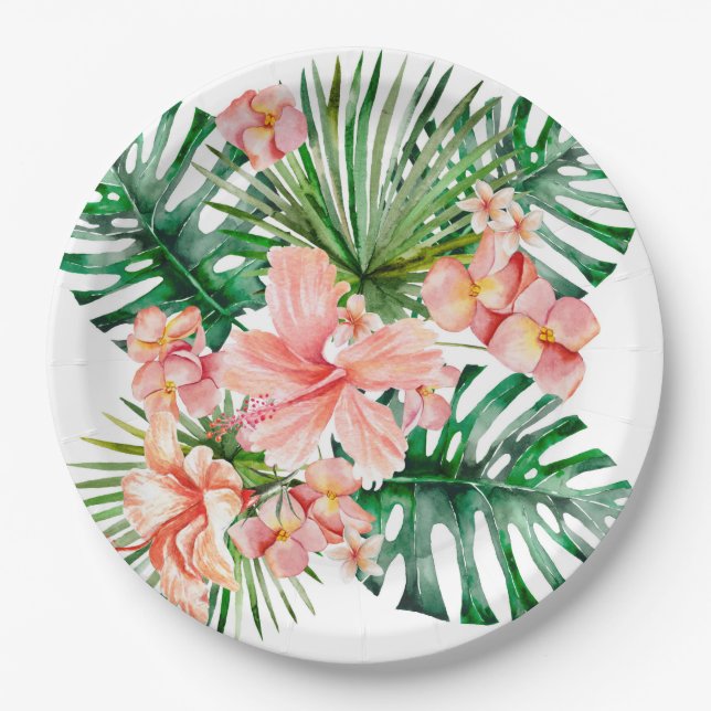 Assiettes En Carton Fleurs exotiques tropicales de ketmie de jungle (Devant)