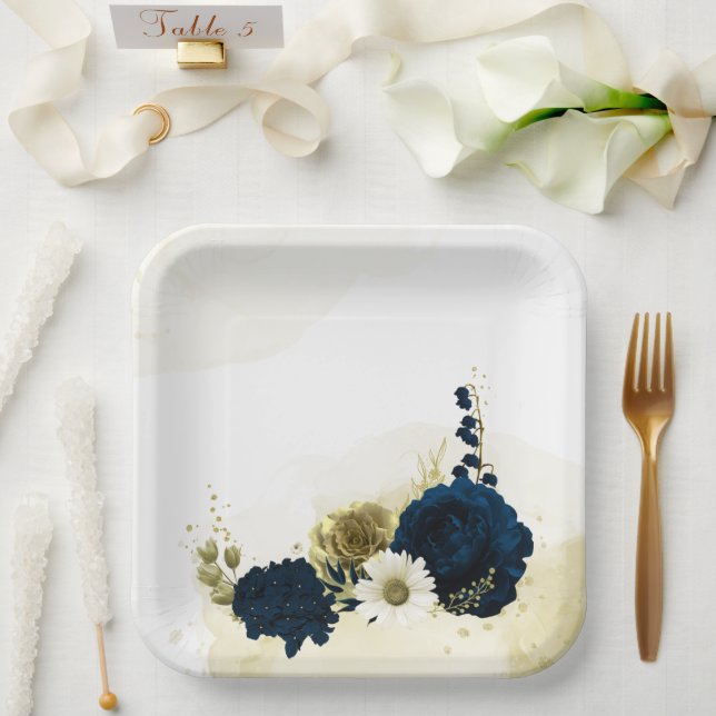 Assiettes En Carton fleurs Extraordinaires en ivoire bleu marine (Mariage)