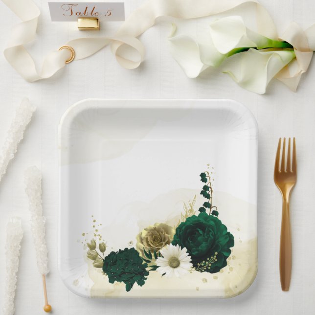 Assiettes En Carton fleurs Extraordinaires en ivoire vert émeraude (Mariage)