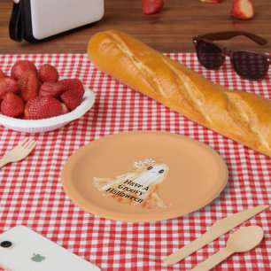 Assiettes En Carton Fleurs fantômes orange groovy Halloween
