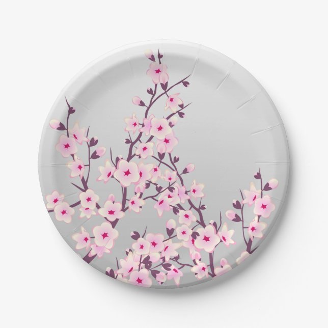Assiettes En Carton Fleurs florales de cerises gris rose (Devant)