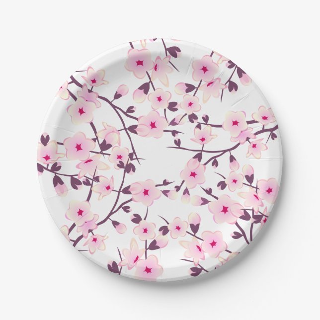 Assiettes En Carton Fleurs florales de cerisier rose blanc (Devant)