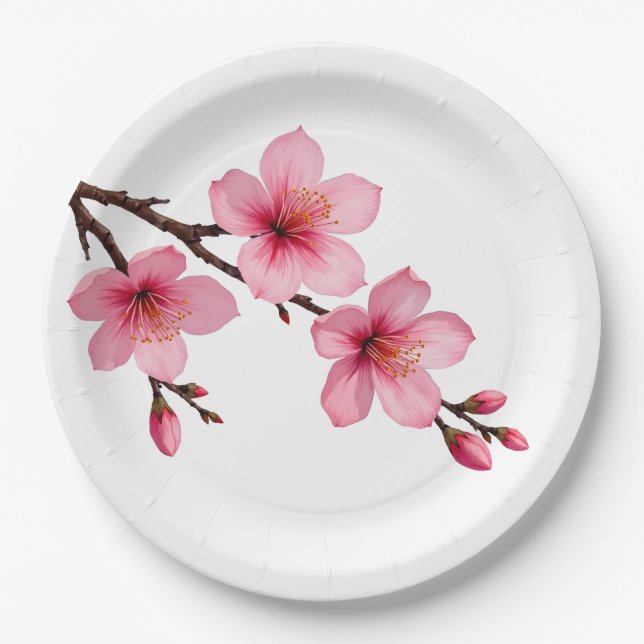 Assiettes En Carton Fleurs florales de cerisier rose blanc (Devant)