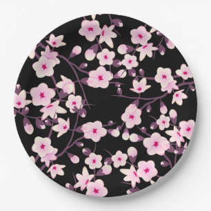 Assiettes En Carton Fleurs florales de cerisier rose noir