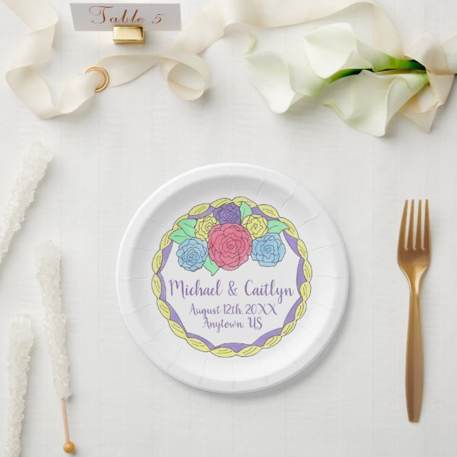 Assiettes En Carton Fleurs florales Rose Fête des mariées Mariage Gâte (Mariage)