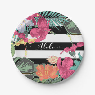 Assiettes En Carton Fleurs florales tropicales Feuilles Blancs noirs