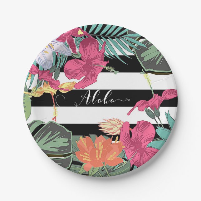 Assiettes En Carton Fleurs florales tropicales Feuilles Blancs noirs (Devant)