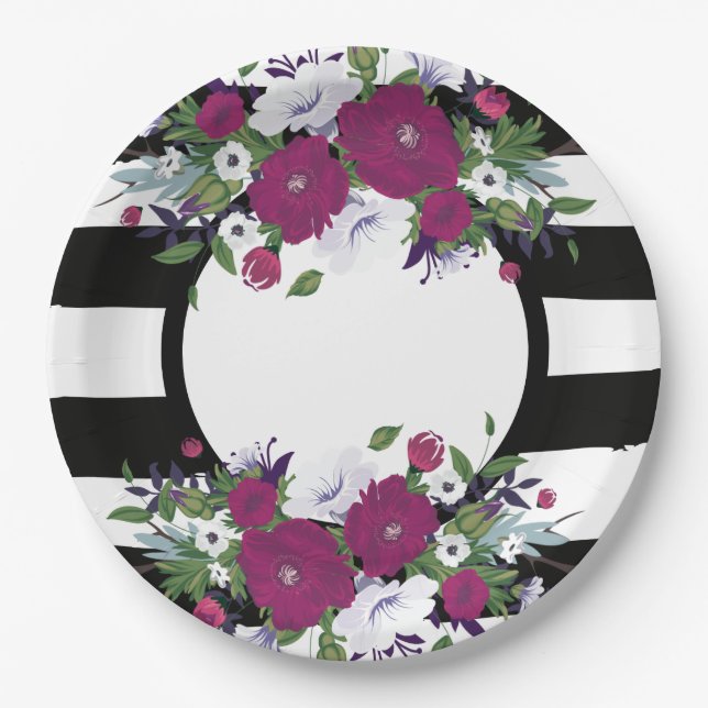 Assiettes En Carton Fleurs Florales Violettes Noires Et Blanches (Devant)