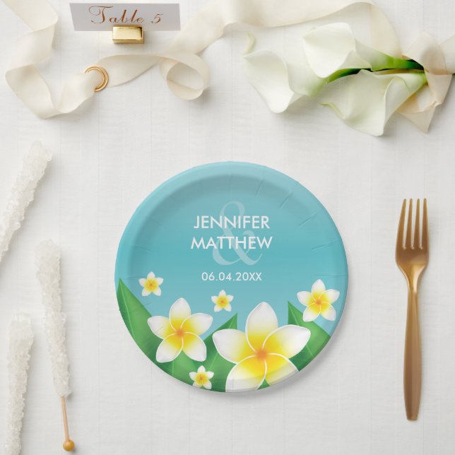 Assiettes En Carton Fleurs Frangipani Blanches Sur Mariage Tropical Bl (Mariage)