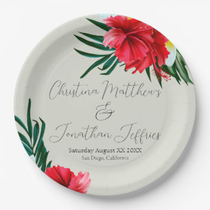 Assiettes En Carton Fleurs hawaïennes tropicales sur Elegant Sage Gree
