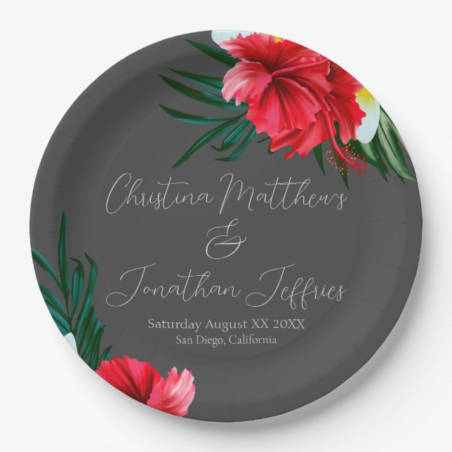 Assiettes En Carton Fleurs hawaïennes tropicales sur gris élégant (Devant)