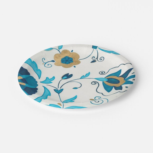 Assiettes En Carton Fleurs Indigo dorées avec Arrière - plan blanc (Angle)