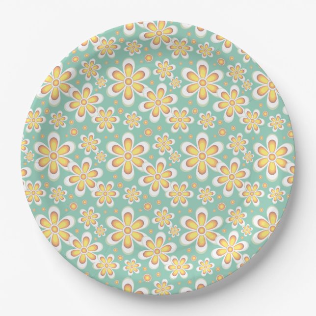 Assiettes En Carton Fleurs jaunes de printemps sur fond vert (Devant)