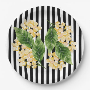 Assiettes En Carton Fleurs jaunes sur rayures noir et blanc
