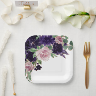 Assiettes En Carton Fleurs luxuriantes   Bouquet pourpre et rose