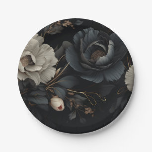 Assiettes En Carton Fleurs noires et blanches