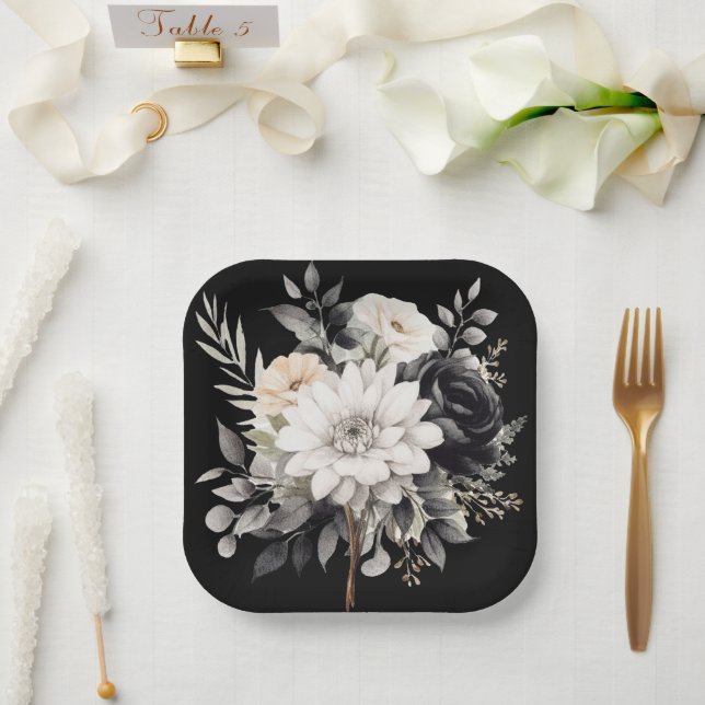 Assiettes En Carton Fleurs noires et grises (Mariage)