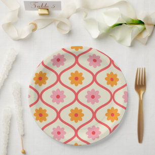 Assiettes En Carton Fleurs orange et rose rétro sur motif Ogee