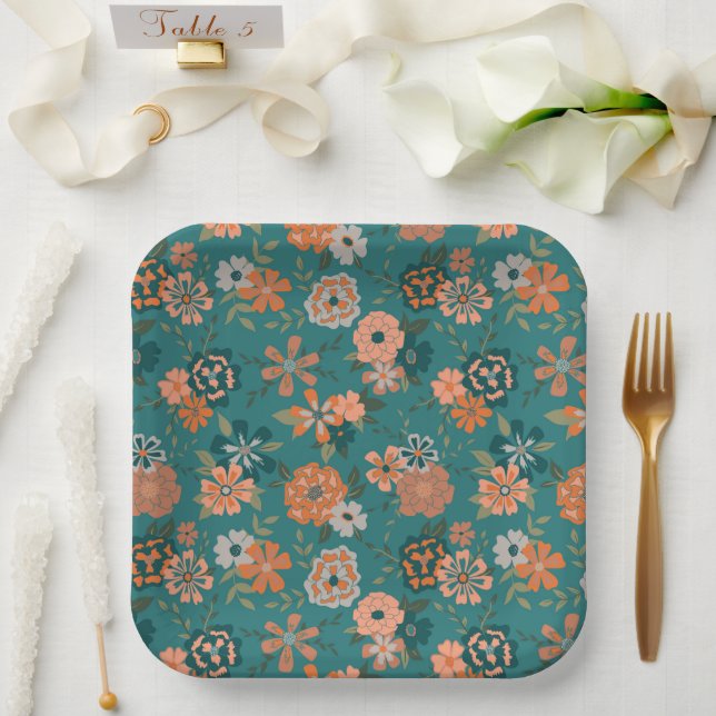 Assiettes En Carton Fleurs Orange Green Botanical Motif Event (Mariage)