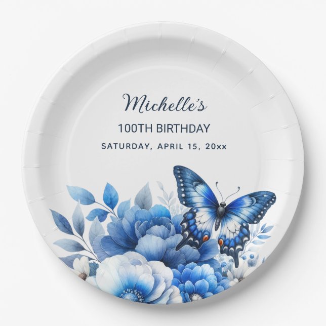 Assiettes En Carton Fleurs papillons bleues Élégant 100e anniversaire (Devant)