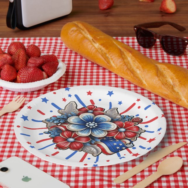 Assiettes En Carton Fleurs patriotiques en rouge blanc et 4 juillet bl (Pique-nique)