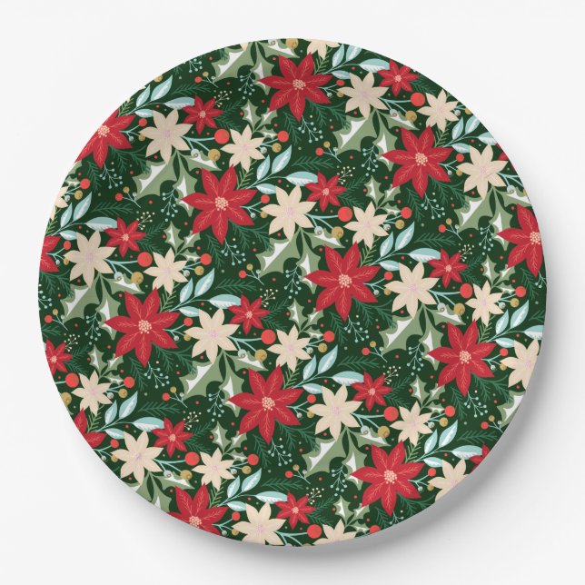 Assiettes En Carton Fleurs Poinsettia et vacances Feuilles (Devant)