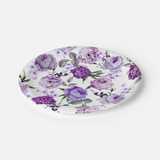 Assiettes En Carton Fleurs pourpres lilas violettes Girly élégantes (Angle)