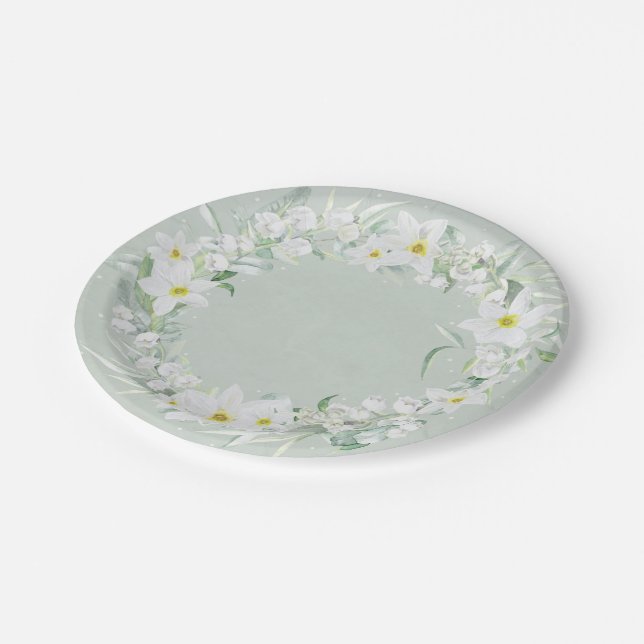 Assiettes En Carton Fleurs printanières en germe blanc (Angle)